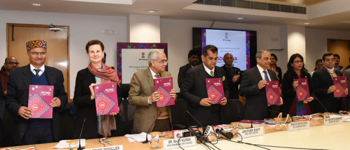 The Vice-Chairman NITI Aayog, Dr. Rajiv Kumar launching the SDG India Index and Dashboard 2019-20, in New Delhi on December 30, 2019. The CEO, NITI Aayog, Shri Amitabh Kant and other dignitaries are also seen.
