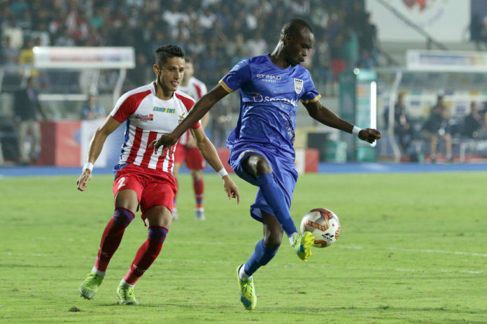 MCFC's Modou Sougou and ATK's Sumit Rathi in action during their Hero ISL clash today
