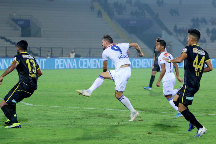 Nerijus Valskis of Chennaiyin FC takes a shot at the goal and scores a goal during match 56 of the Indian Super League ( ISL ) between Hyderabad FC and Chennaiyin FC held at the G.M.C. Balayogi Athletic Stadium, Hyderabad, India on the 10th January 2020. Photo by: Vipin Pawar / SPORTZPICS for ISL