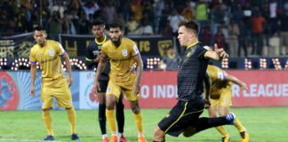 Marko Stankovic of Hyderabad FC scores a goal of a penalty kick during match 66 of the Indian Super League ( ISL ) between Hyderabad FC and Mumbai City FC held at the G.M.C. Balayogi Athletic Stadium, Hyderabad, India on the 24th January 2020. Photo by: Vipin Pawar / SPORTZPICS for ISL
