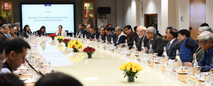 The Prime Minister, Shri Narendra Modi interacting with the Economists and Experts in a meeting, at NITI Aayog, in New Delhi on January 09, 2020.