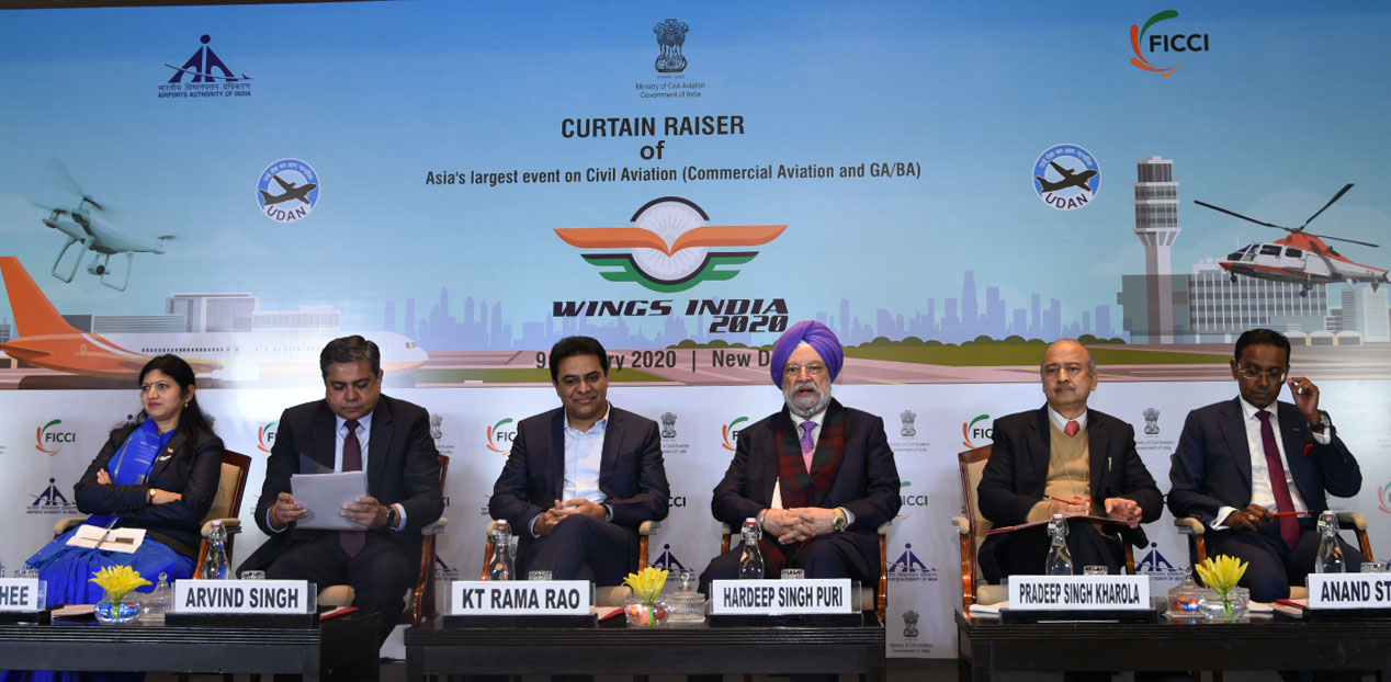 The Minister of State for Housing & Urban Affairs, Civil Aviation (Independent Charge) and Commerce & Industry, Shri Hardeep Singh Puri at the Curtain Raiser Ceremony of WINGS INDIA-2020, in New Delhi on January 09, 2020. The Secretary (Civil Aviation), Shri Pradeep Singh Kharola and other dignitaries are also seen.