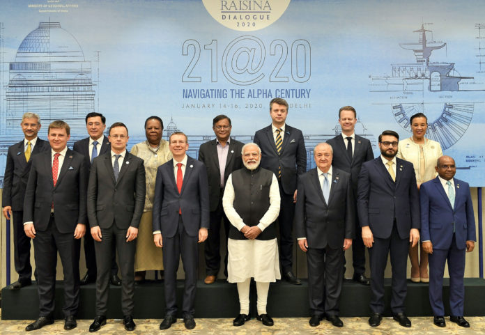 The Prime Minister, Shri Narendra Modi with the Ministerial delegation from various countries, on the sidelines of the Raisina Dialogue 2020, in New Delhi on January 15, 2020.