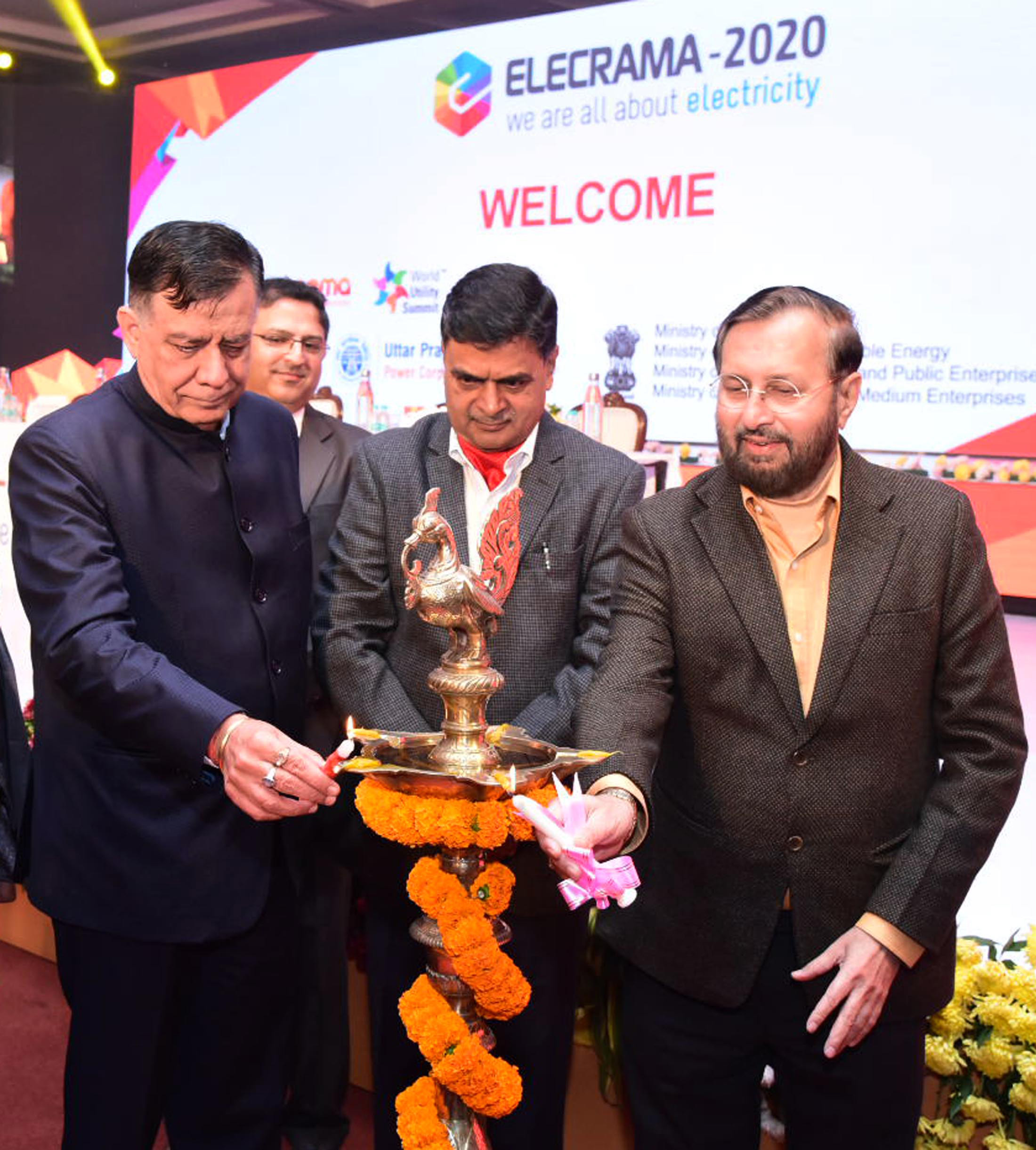The Union Minister for Environment, Forest & Climate Change, Information & Broadcasting and Heavy Industries and Public Enterprise, Shri Prakash Javadekar lighting the lamp to inaugurate the Elecrama 2020, at India Expo Mart, in Greater Noida on January 18, 2020. The Minister of State for Power, New & Renewable Energy (Independent Charge) and Skill Development & Entrepreneurship, Shri Raj Kumar Singh is also seen.