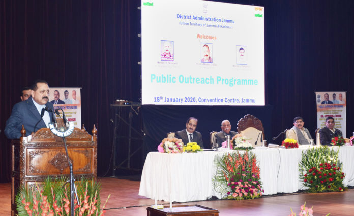 The Minister of State for Development of North Eastern Region (I/C), Prime Ministers Office, Personnel, Public Grievances & Pensions, Atomic Energy and Space, Dr. Jitendra Singh addressing the gathering at the Special Public Outreach Programme for the UT of J&K, in Jammu on January 18, 2020.