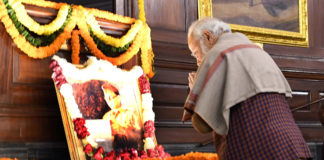 The Prime Minister, Shri Narendra Modi paying homage to Netaji Subhas Chandra Bose on his birth anniversary, at Parliament House, in New Delhi on January 23, 2020.