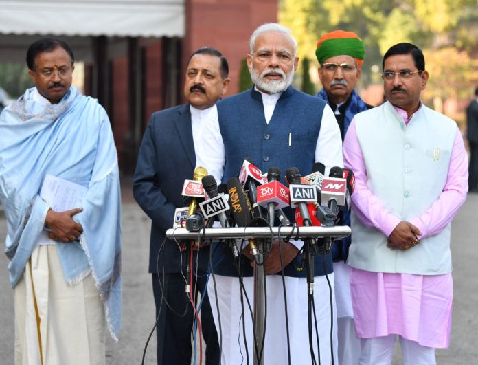The Prime Minister, Shri Narendra Modi briefing the media ahead of the Budget Session of the Parliament, in New Delhi on January 31, 2020. The Union Minister for Parliamentary Affairs, Coal and Mines, Shri Pralhad Joshi, the Minister of State for Development of North Eastern Region (I/C), Prime Ministers Office, Personnel, Public Grievances & Pensions, Atomic Energy and Space, Dr. Jitendra Singh, the Minister of State for Parliamentary Affairs and Heavy Industries & Public Enterprises, Shri Arjun Ram Meghwal and the Minister of State for External Affairs and Parliamentary Affairs, Shri V. Muraleedharan are also seen.