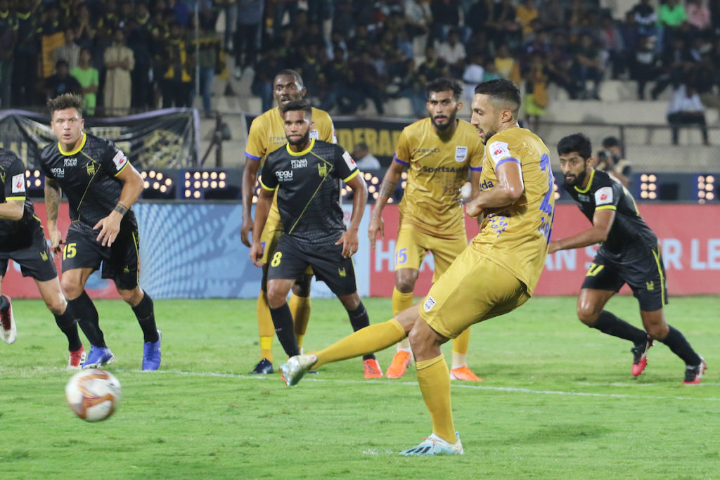 Mohamed Larbi of Mumbai City FC scores a goal of a penalty kick during match 66 of the Indian Super League ( ISL ) between Hyderabad FC and Mumbai City FC held at the G.M.C. Balayogi Athletic Stadium, Hyderabad, India on the 24th January 2020. Photo by: Vipin Pawar / SPORTZPICS for ISL