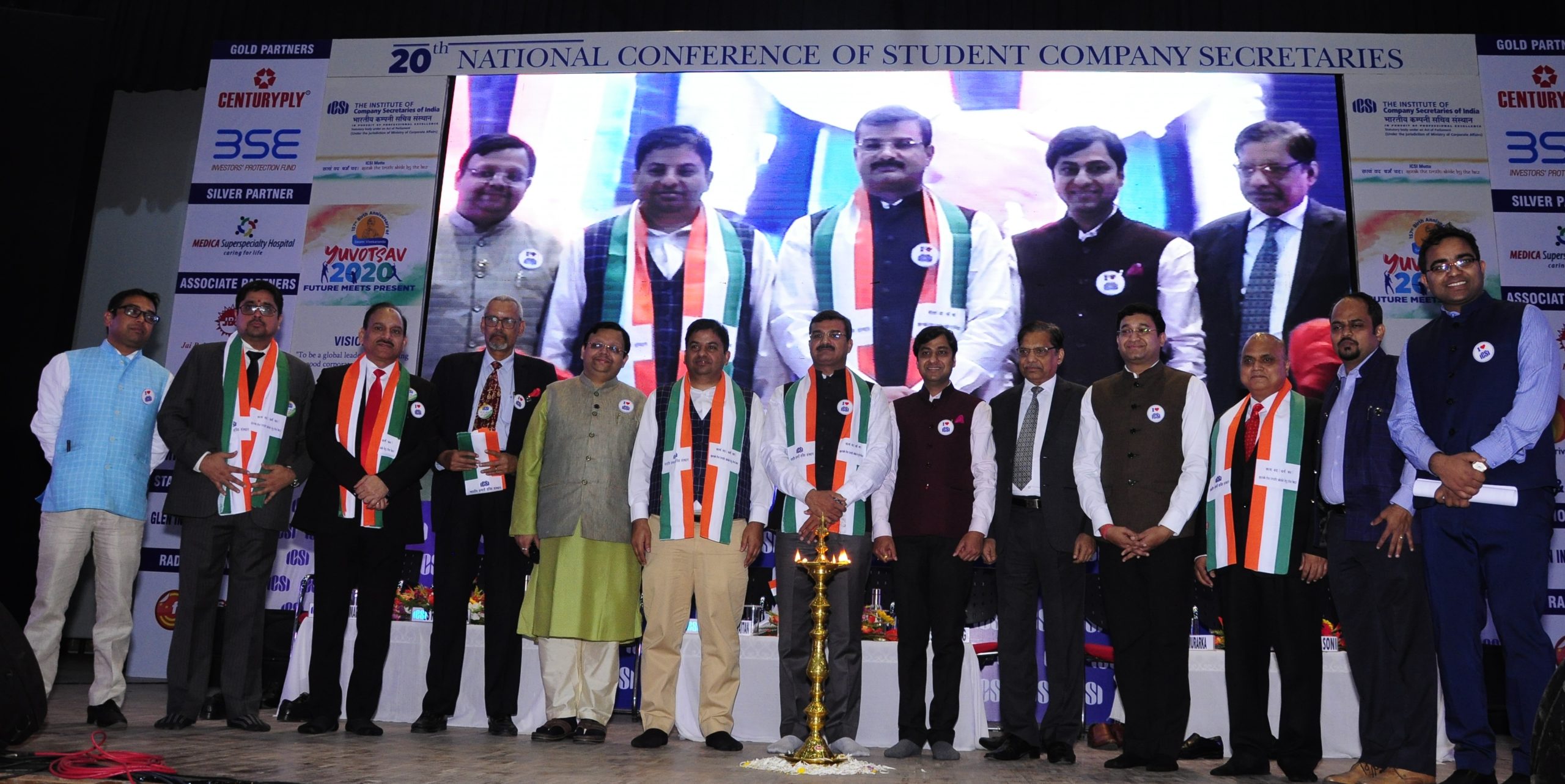 (Left to Right) - CS Biman Debnath, CS Rajesh Chura, CS Ashok Dixit, CS B Narasimham, CS Deepak Khaitan, CS Praveen Soni, CS Ranjeet Pandey, CS Ashish Garg, CS Santosh Aggarwal, CS Siddharth Murarka, Sh A K Srivastava, CS Sudhir Banthia and CS Anil Dubey at the 20th National Students Conference "Yuvotsav 2020" organised by The Institute of Company Secretaries of India (ICSI) at Kolkata today.