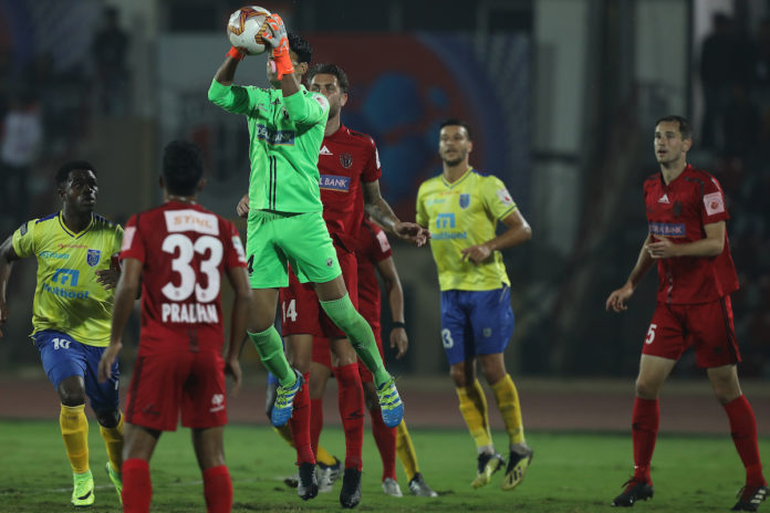 Subhasish Roy Goalkeeper of Northeast United FC in action during match 76 of the Indian Super League ( ISL ) between NorthEast United FC and Kerala Blasters FC held at the Indira Gandhi Athletic Stadium, Guwahati, India on the 7th February 2020. Photo by: Arjun Singh / SPORTZPICS for ISL