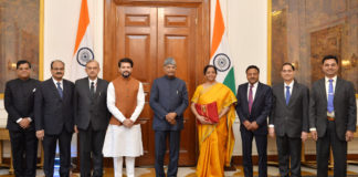 The Union Minister for Finance and Corporate Affairs, Smt. Nirmala Sitharaman, the Minister of State for Finance and Corporate Affairs, Shri Anurag Singh Thakur along with the senior officials presented the General Budget to the President, Shri Ram Nath Kovind, at Rashtrapati Bhavan, in New Delhi on February 01, 2020.
