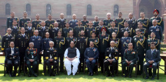 The Union Minister for Defence, Shri Rajnath Singh with Defence Attaches, during the 3rd Defence Attaches Conference, in New Delhi on February 03, 2020. The Chief of Naval Staff, Admiral Karambir Singh, the Chief of the Air Staff, Air Chief Marshal R.K.S. Bhadauria, the Chief of the Army Staff, General Manoj Mukund Naravane and the Defence Secretary, Dr. Ajay Kumar are also seen.