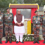 The Union Minister for Defence, Shri Rajnath Singh unveiling the plaque to lay the foundation stone of Thal Sena Bhawan, at Delhi Cantt., New Delhi on February 21, 2020. The Chief of the Army Staff, General Manoj Mukund Naravane is also seen.
