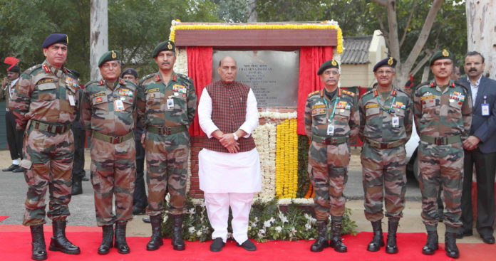The Union Minister for Defence, Shri Rajnath Singh unveiling the plaque to lay the foundation stone of Thal Sena Bhawan, at Delhi Cantt., New Delhi on February 21, 2020. The Chief of the Army Staff, General Manoj Mukund Naravane is also seen.