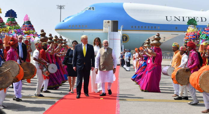 The Prime Minister, Shri Narendra Modi welcoming the President of United States of America (USA), Mr. Donald Trump and First Lady Mrs. Melania Trump, on their arrival at Sardar Vallabhbhai Patel International Airport, at Ahmedabad, Gujarat on February 24, 2020.