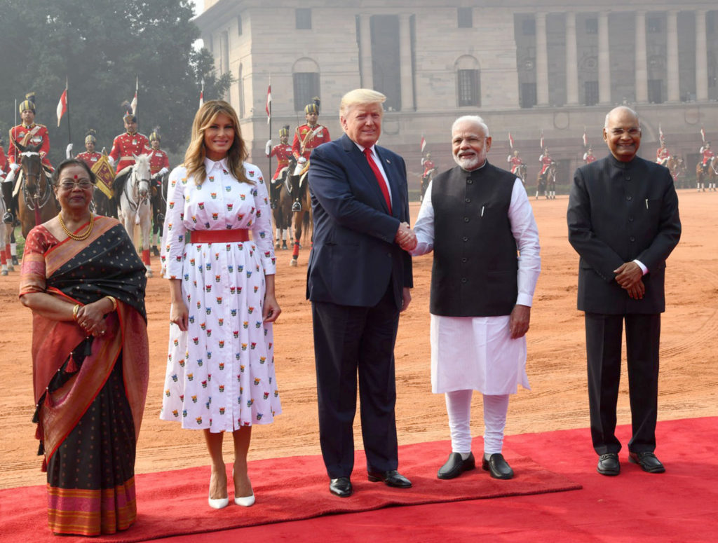 The President, Shri Ram Nath Kovind and the Prime Minister, Shri Narendra Modi welcomes the President of United States of America (USA), Mr. Donald Trump and First Lady Mrs. Melania Trump, at the Ceremonial Reception, at Rashtrapati Bhavan, in New Delhi on February 25, 2020.