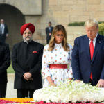 The President of United States of America (USA), Mr. Donald Trump and First Lady Mrs. Melania Trump paying homage at the Samadhi of Mahatma Gandhi, at Rajghat, in Delhi on February 25, 2020. 	The Minister of State for Housing & Urban Affairs, Civil Aviation (Independent Charge) and Commerce & Industry, Shri Hardeep Singh Puri is also seen.