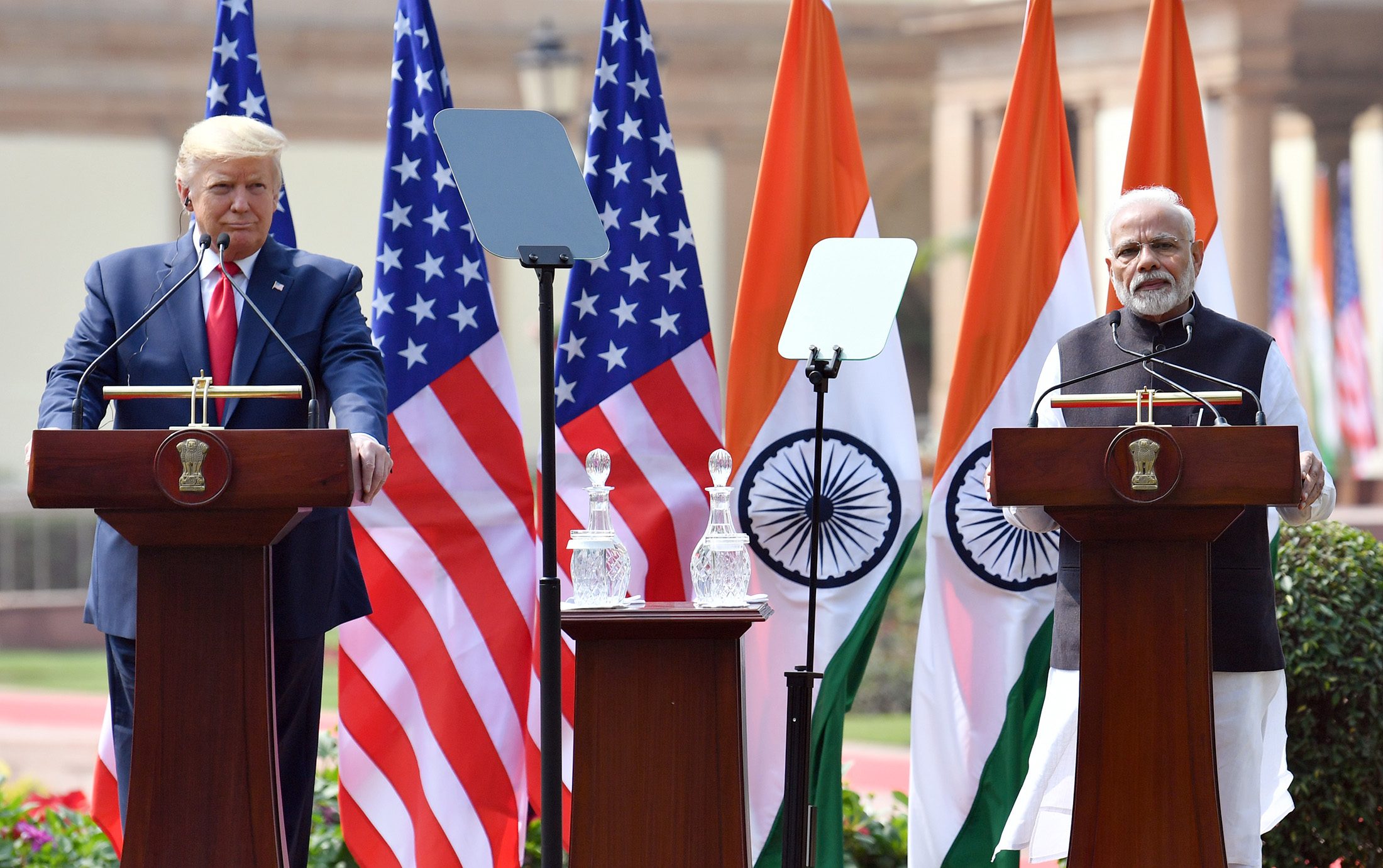 The Prime Minister, Shri Narendra Modi with the President of United States of America (USA), Mr. Donald Trump at the Joint Press Statements, at Hyderabad House, in New Delhi on February 25, 2020.