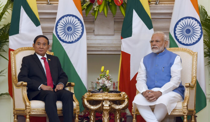 The Prime Minister, Shri Narendra Modi and the President of Myanmar, Mr. U. Win Myint during the exchange of Agreements between India and Myanmar, at Hyderabad House, in New Delhi on February 27, 2020.