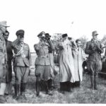 Inspecting field exercises during summer of 1942 at Konigsbruck. Major Krappe is on the extreme left, with Colonel Yamamoto next to him, in the middle is Netaji. Second from the right is Legion Adjutant Lieutenant Dr. Hans Kutscher.