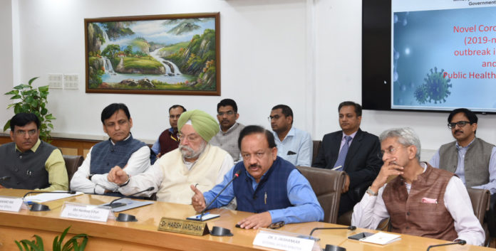 The Union Minister for Health & Family Welfare, Science & Technology and Earth Sciences, Dr. Harsh Vardhan chairing the Meeting of the group of Ministers (GoM) on COVID19, in New Delhi on March 04, 2020. The Union Minister for External Affairs, Dr. Subrahmanyam Jaishankar, the Minister of State for Housing & Urban Affairs, Civil Aviation (Independent Charge) and Commerce & Industry, Shri Hardeep Singh Puri, the Minister of State for Shipping (Independent Charge) and Chemicals & Fertilizers, Shri Mansukh L. Mandaviya and the Minister of State for Home Affairs, Shri Nityanand Rai are also seen.
