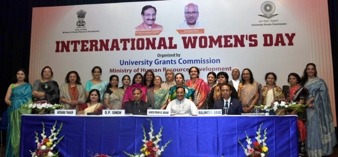 The Union Minister for Human Resource Development, Dr. Ramesh Pokhriyal Nishank with the Vice Chancellors of Women Universities and Women Principals of Delhi Colleges, at an event to mark the International Womens Day, in New Delhi on March 06, 2020.