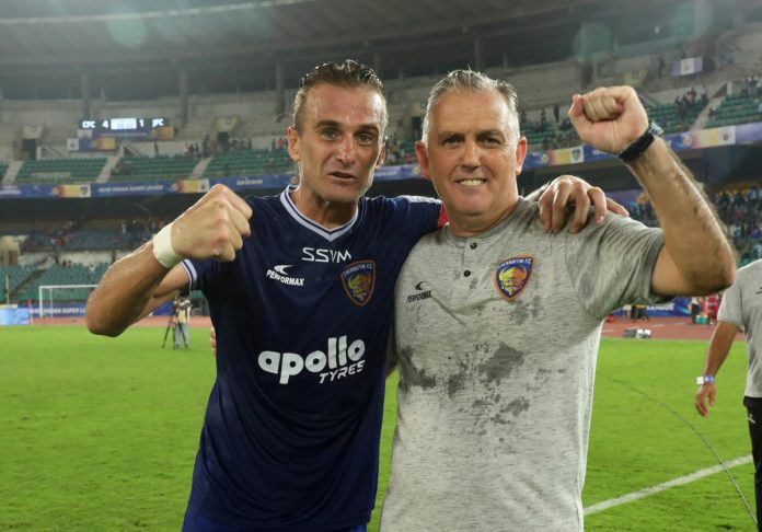 Lucian Goian of Chennaiyin FC and Owen Coyle head coach of Chennaiyin FC celebrates after winning the match 65 of the Indian Super League ( ISL ) between Chennaiyin FC and Jamshedpur FC held at the Jawaharlal Nehru Stadium, Chennai, India on the 23rd January 2020. Photo by: Sandeep Shetty / SPORTZPICS for ISL