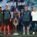 ATK FC and Chennaiyin FC Head Coaches, Antonio Lopez Habas and Owen Coyle along with captains Roy Krishna and Lucian Goian pose with the Hero ISL trophy ahead of the Final in Goa