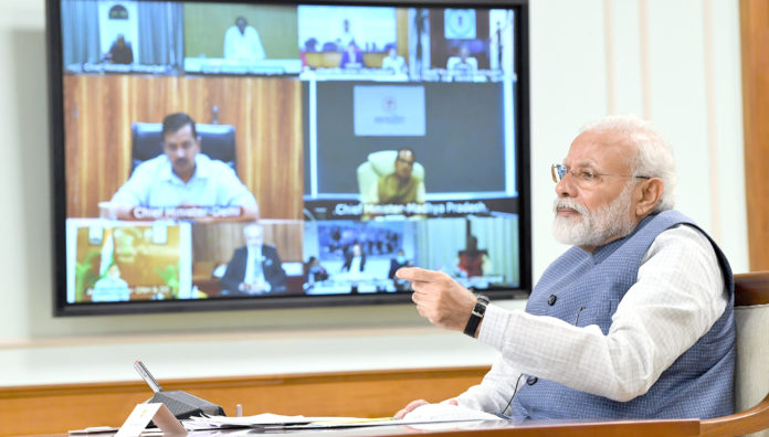 The Prime Minister, Shri Narendra Modi interacting with the Chief Ministers of States via video conferencing to discuss measures to combat COVID-19, in New Delhi on April 02, 2020.