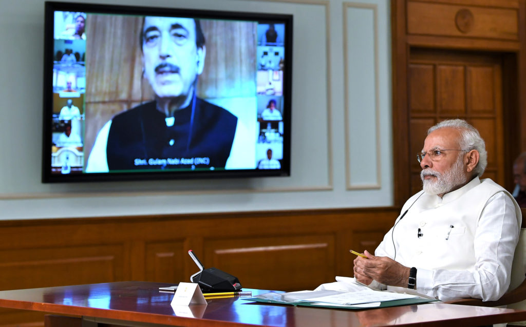 The Prime Minister, Shri Narendra Modi interacting with the leaders of political parties in Parliament on COVID-19 via video conference, in New Delhi on April 08, 2020.