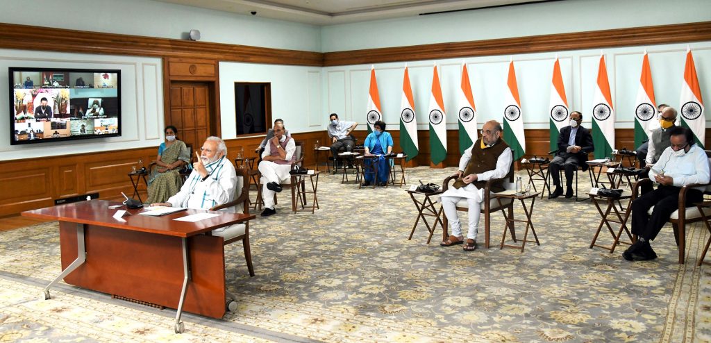 The Prime Minister, Shri Narendra Modi interacting with the Chief Ministers of states via video conferencing to discuss the emerging situation and plan ahead for tackling the COVID-19 pandemic, in New Delhi on April 27, 2020.