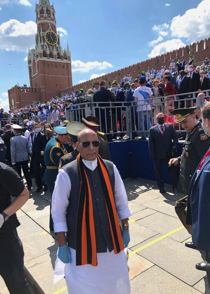The Union Minister for Defence, Shri Rajnath Singh attending the Victory Day Parade at Red Square to commemorate the 75th Anniversary of victory of Soviet people in the great Patriotic War of 1941-1945, in Moscow on June 24, 2020.