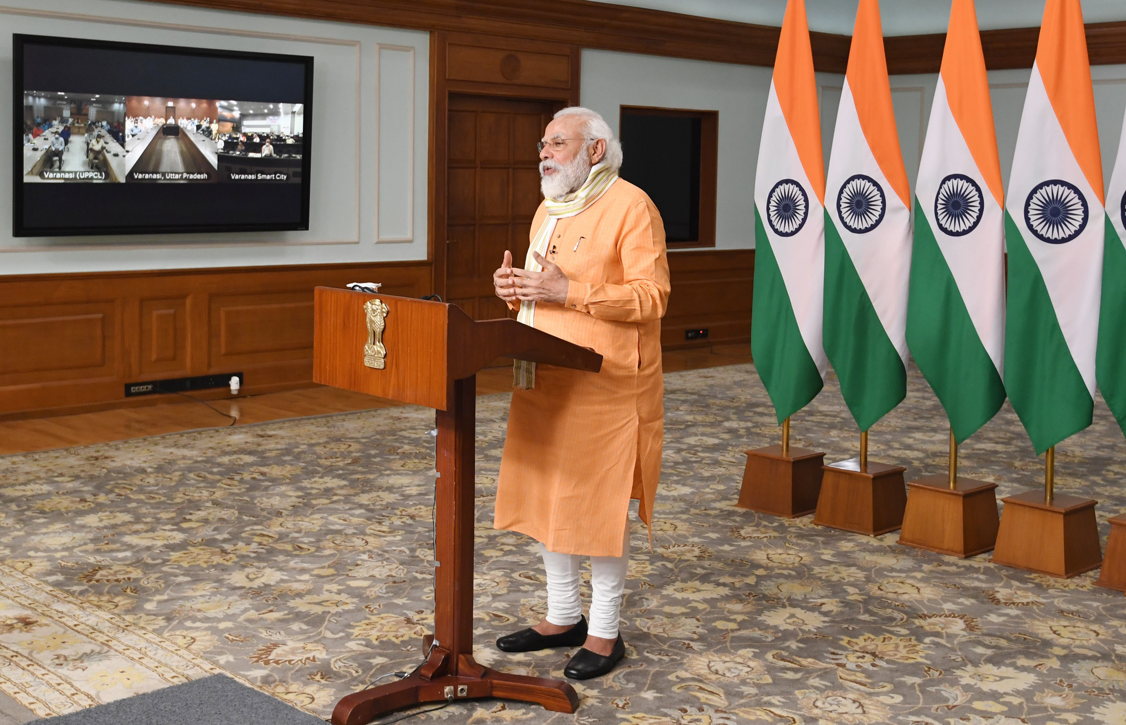 The Prime Minister, Shri Narendra Modi interacts with representatives from Varanasi based NGOs via video conference, in New Delhi on July 09, 2020.