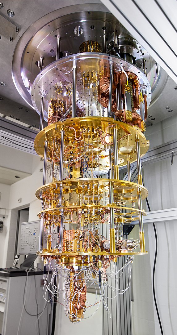 Quantum computer based on superconducting qubits developed by IBM Research in Zürich, Switzerland. The qubits in the device shown here will be cooled to under 1 kelvin using a dilution refrigerator.