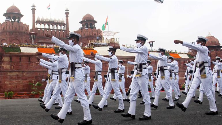 Indian Navy marching contingent during the 74th Independence Day Celebrations at the Red Fort, in Delhi on August 15, 2020.