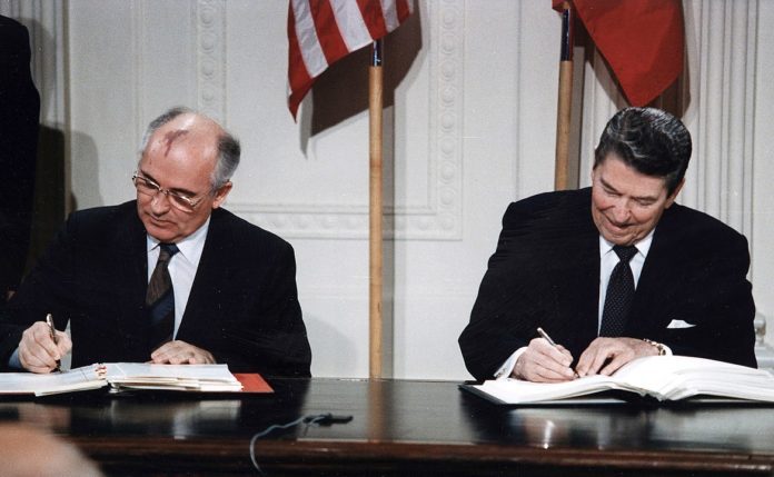 Reagan and Gorbachev signing - Intermediate-Range Nuclear Forces Treaty