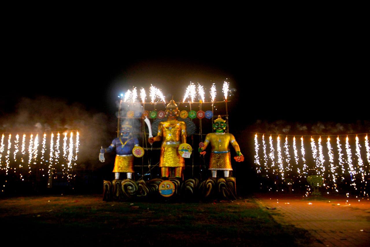 20-feet-tall Ravana effigy burnt on Dussehra by Salt Lake Sanskritik Sansad & Sanmarg at Central Park(Salt Lake), Kolkata
