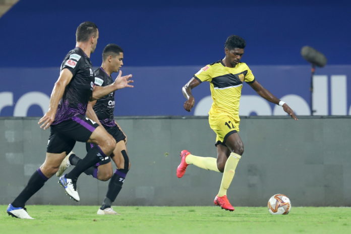 Liston Colaca of Hyderabad FC in action during match 4 of the 7th season of the Hero Indian Super League between Odisha FC and Hyderabad FC held at the GMC Stadium, Bambolim, Goa, India on the 23rd November 2020 Photo by Faheem Hussain / Sportzpics for ISL