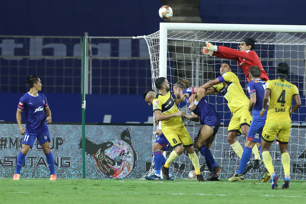 Gurpreet Singh Sandhu goalkeeper of Bengaluru FC trying to save goal during match 9 of the 7th season of the Hero Indian Super League between Bengaluru FC and Hyderabad FC held at the Fatorda Stadium, Goa, India on the 28th November 2020 Photo by Arjun Singh / Sportzpics for ISL