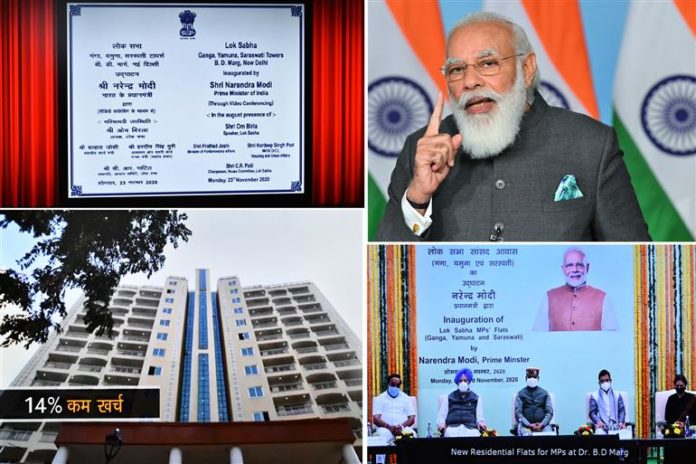 The Prime Minister, Shri Narendra Modi addressing at the inauguration of the Multi-storeyed flats for the Members of Parliament, through video conferencing, in New Delhi on November 23, 2020.