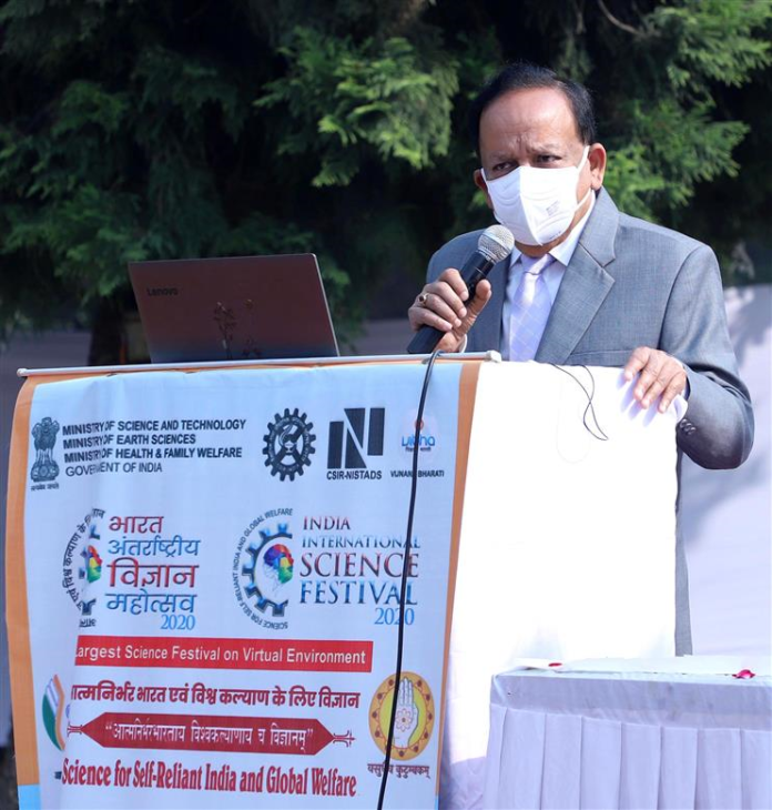 The Union Minister for Health & Family Welfare, Science & Technology and Earth Sciences, Dr. Harsh Vardhan addressing at the official attempt of Guinness World Records for ‘Most People Assembling Sundail kit Simultaneously Online’, during the India International Science Festival-2020, in New Delhi on December 22, 2020.