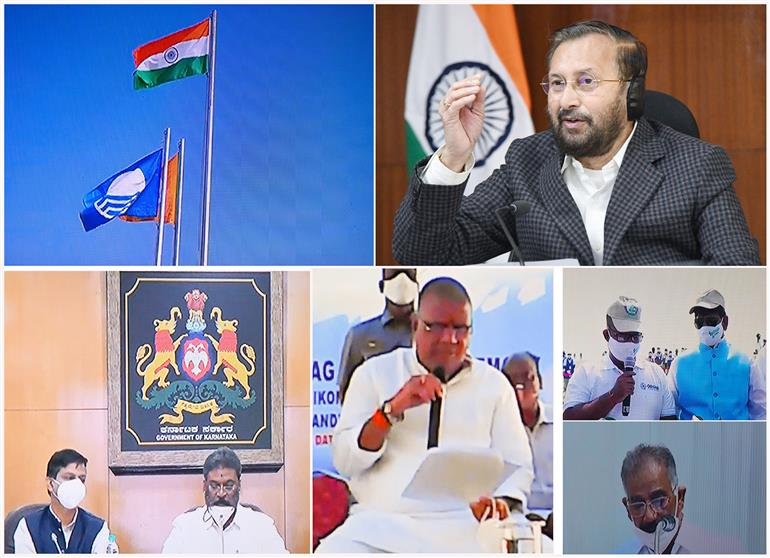 The Union Minister for Environment, Forest & Climate Change, Information & Broadcasting and Heavy Industries and Public Enterprise, Shri Prakash Javadekar virtually addressing at the hoisting of the International Blue Flag at eight beaches across the country from Paryavaran Bhawan, New Delhi on December 28, 2020.