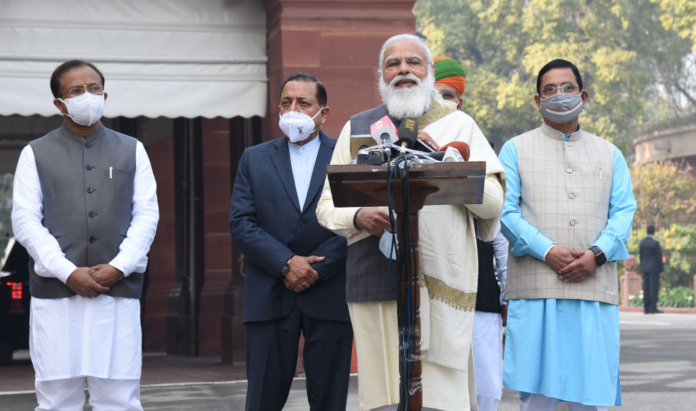 The Prime Minister, Shri Narendra Modi addressing the media ahead of the Budget Session of Parliament, in New Delhi on January 29, 2021. The Union Minister for Parliamentary Affairs, Coal and Mines, Shri Pralhad Joshi, the Minister of State for Development of North Eastern Region (I/C), Prime Minister’s Office, Personnel, Public Grievances & Pensions, Atomic Energy and Space, Dr. Jitendra Singh, the Minister of State for Parliamentary Affairs and Heavy Industries & Public Enterprises, Shri Arjun Ram Meghwal and the Minister of State for External Affairs and Parliamentary Affairs, Shri V. Muraleedharan are also seen.