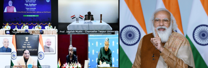 The Prime Minister, Shri Narendra Modi addressing the 18th Convocation of Tezpur University, Assam, through video conferencing, in New Delhi on January 22, 2021.