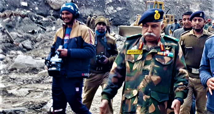 The DG, BRO, Lt. Gen. Rajeev Chaudhry visits Joshimath to take stock of damages due to Glacial lake outburst flood (GLOF), in Chamoli district, Uttarakhand on February 13, 2021.