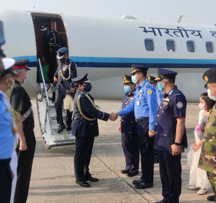 The Chief of the Air Staff, Air Chief Marshal R.K.S. Bhadauria being received by the Senior Officials of Bangladesh Air Force, on his arrival for an official goodwill visit to Bangladesh on February 22, 2021.