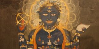 বড়ো যদি হ’তে চাও ছোট হও তবে’ Vishvarupa with the three realms: heaven (head to belly), earth (groin), underworld (legs), c. 1800-50, Jaipur