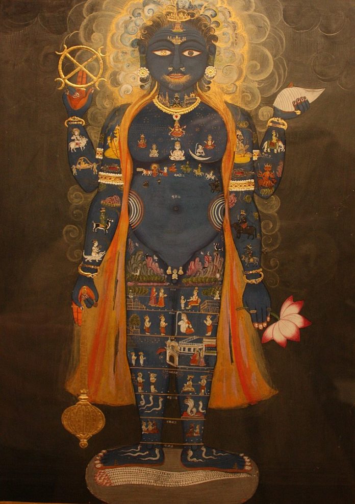 Vishvarupa with the three realms: heaven (head to belly), earth (groin), underworld (legs), c. 1800-50, Jaipur Vishvarupa with the three realms: heaven (head to belly), earth (groin), underworld (legs), c. 1800-50, Jaipur
