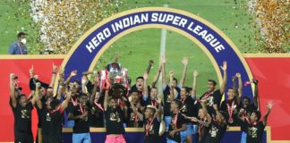 Mumbai City FC reign in double glory crowned Hero ISL Champion Mumbai City FC players celebarte win during the final of the 7th season of the Hero Indian Super League between Mumbai City FC and ATK Mohun Bagan held at the Fatorda Stadium, Goa, India on the 13th March 2021 Photo by Arjun Singh / Sportzpics for ISL