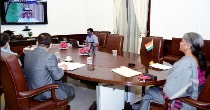 The Union Minister for Finance and Corporate Affairs, Smt. Nirmala Sitharaman participates in the 103rd Meeting of the Development Committee Plenary, through video conferencing, in New Delhi on April 09, 2021.